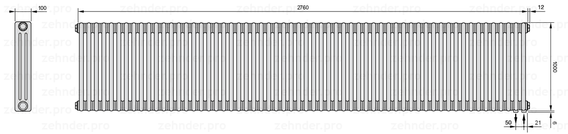 Схема (чертеж) Радиатор Zehnder Charleston 3100/60 №5510 Белый глянцевый RAL 9016